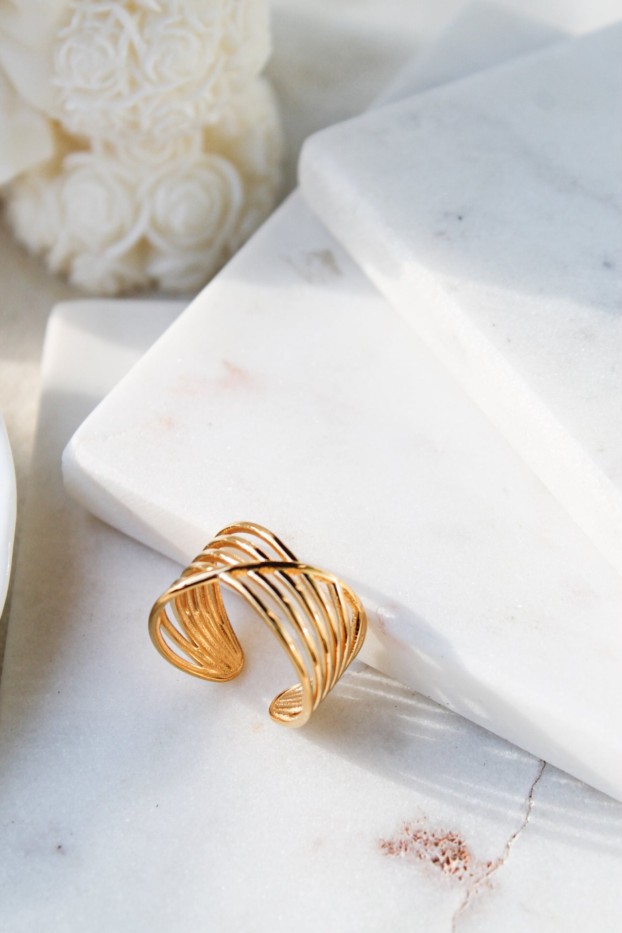 Nura Ring – Sculptural Gold Statement Ring Adjustable Open